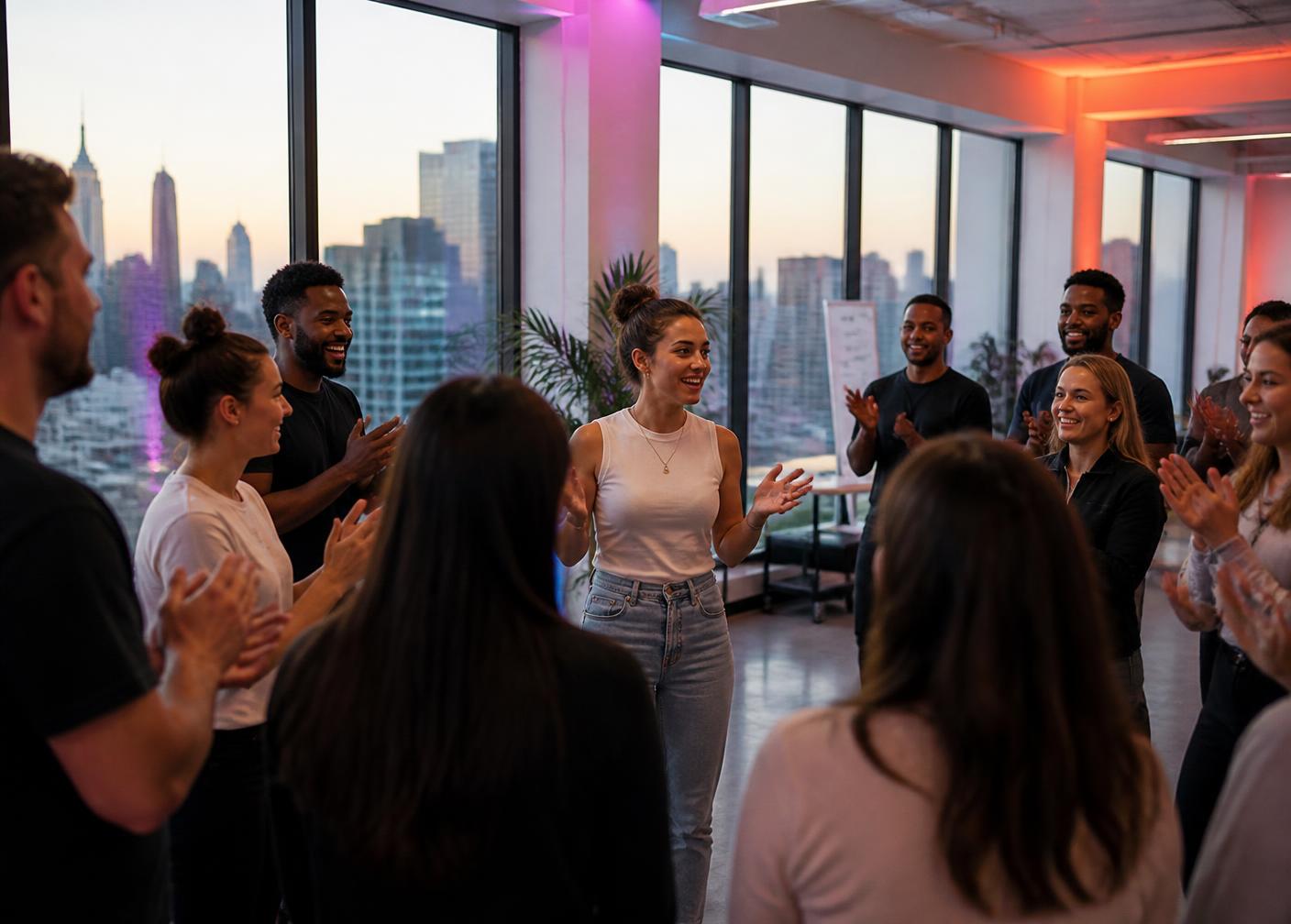 Field team gathering for a campaign briefing overlooking New York