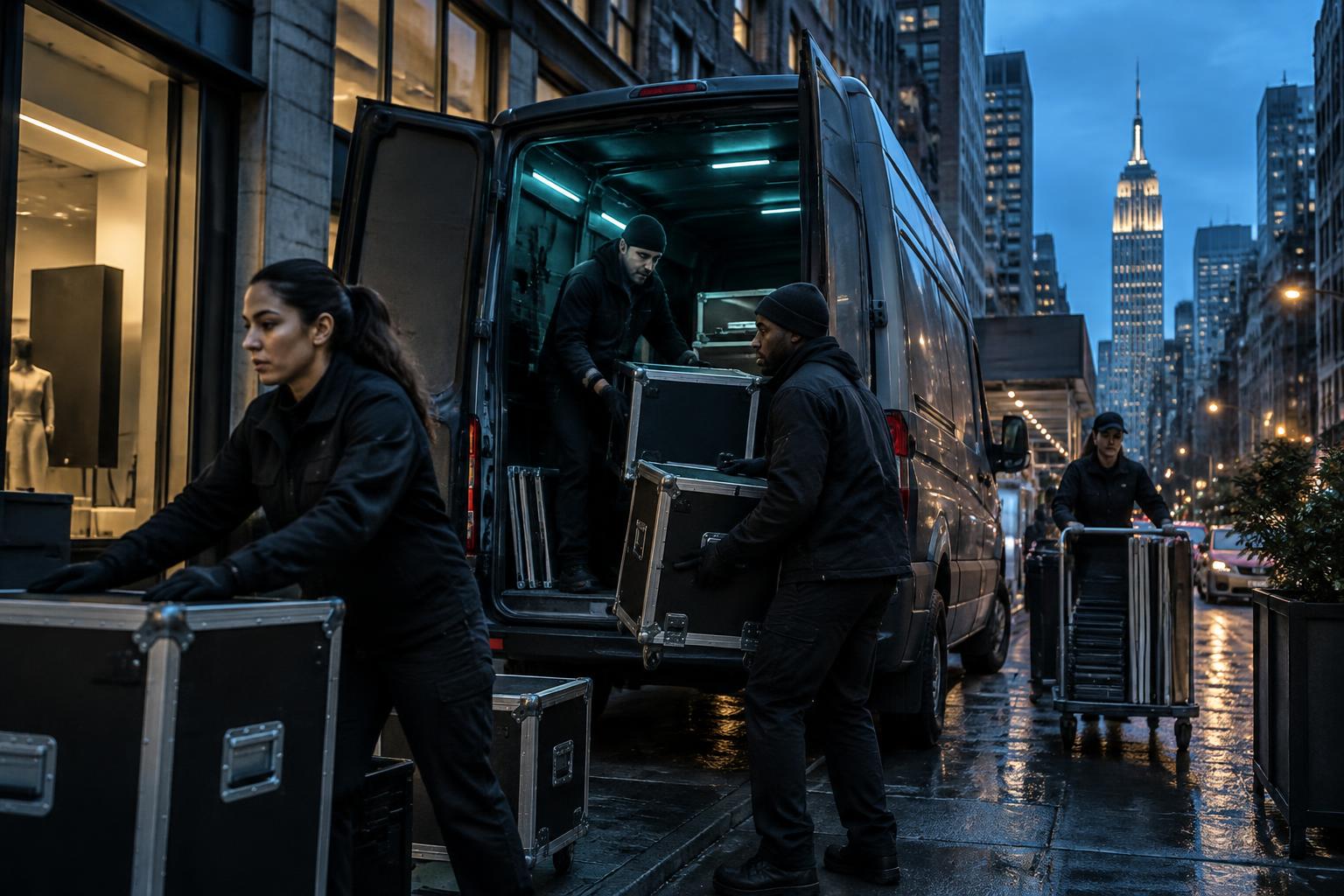 Field operations team unloading campaign equipment on a New York street