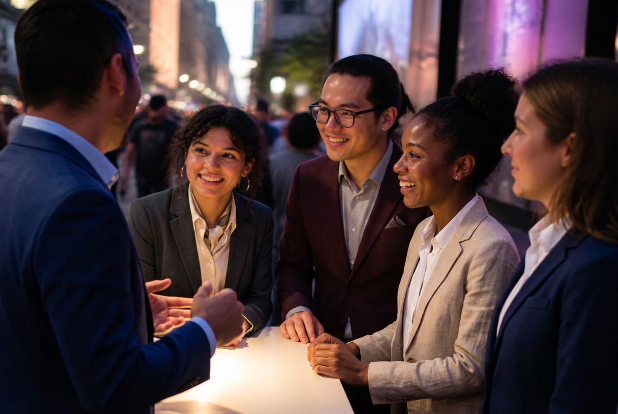 SuperNova field team briefing on a busy New York street
